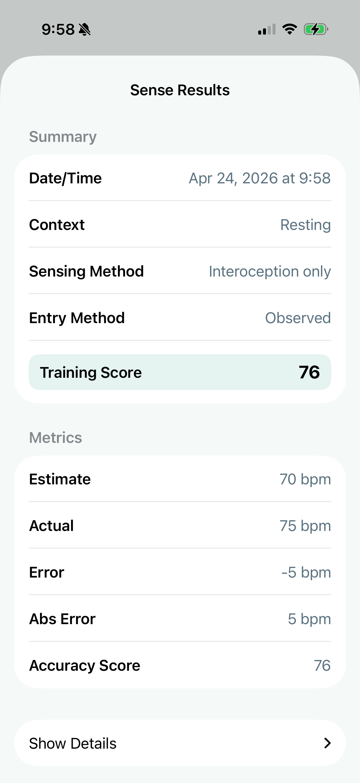 InteroHB Sense results screenshot